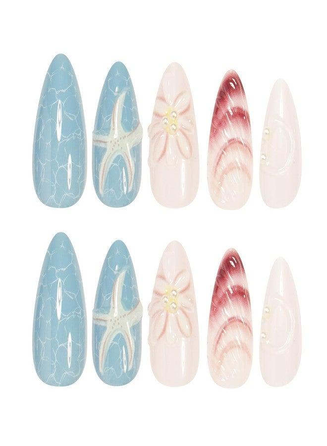 BSBTBZ Blue Ocean Press on Nails Medium Almond Fake Nails with 3D Starfish Design Summer Shell False Nails Acrylic Nails Glossy Full Cover Artificial Nails Stick on Nails Nails Pearls for Women Decor 24pcs - Image 4